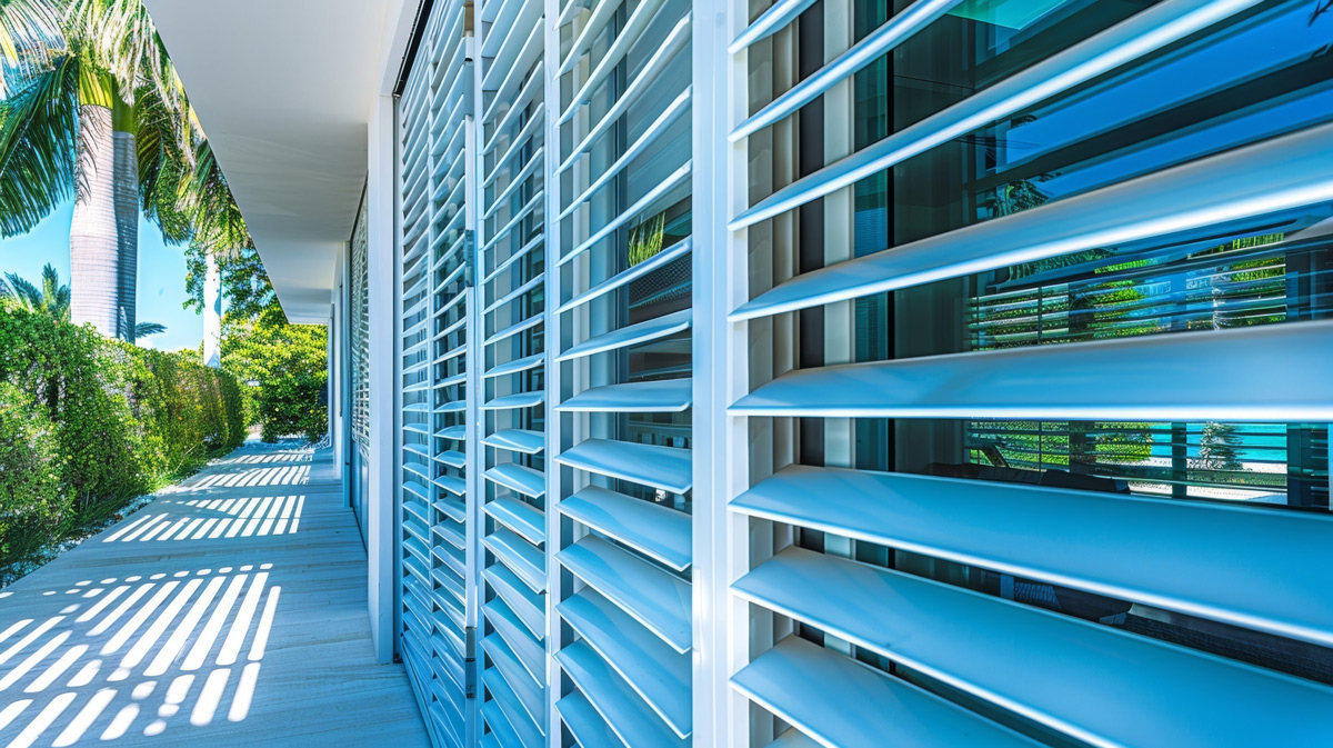 Hurricane shutters installed on a modern home, showcasing their design for storm protection and exterior aesthetics.